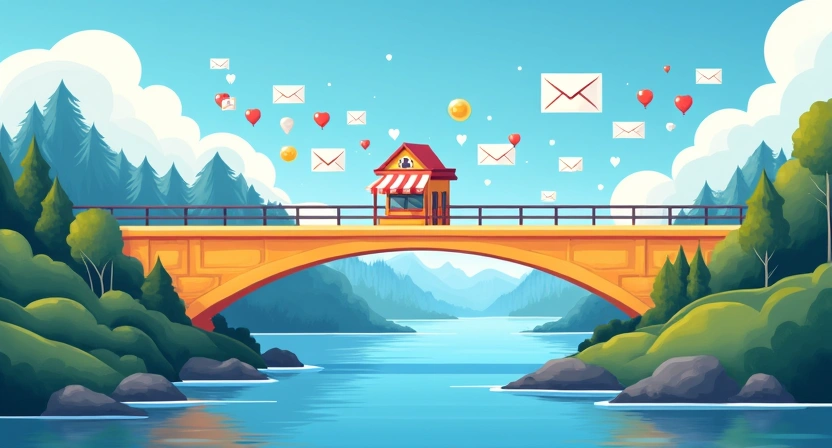 An illustrative image focusing on cold outreach success, with a visual metaphor like a bridge connecting a small business to new customers, with email icons flowing across a digital landscape. Incorporate elements of the Postigo platform UI subtly, emphasizing connection and growth. Dimensions: 800x
