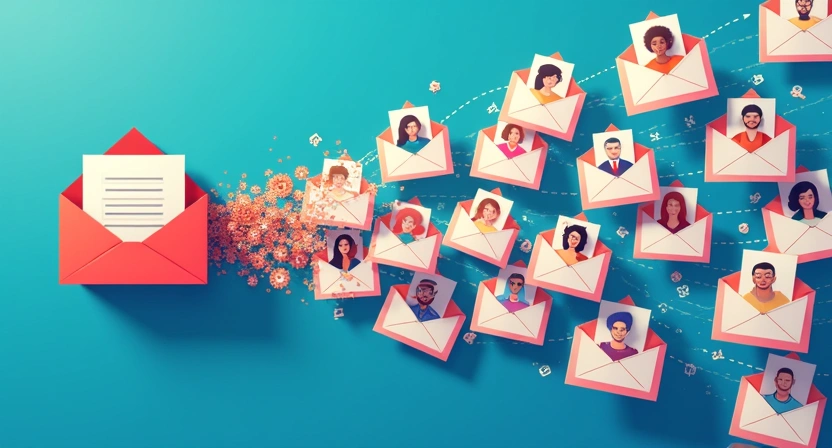 An illustrative, conceptual image (800x450) visually representing the transformation from a generic email to a personalized one. Show a stream of identical emails converging into a 'personalization engine' (represented by gears or an AI brain icon), then diverging into unique, tailored emails addres