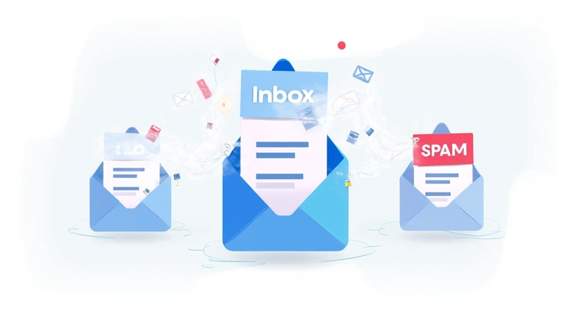 An illustrative, clean 800x450 image visualizing improved email deliverability. A graphic showing emails successfully landing in an inbox icon, with a blocked spam folder icon in the background. Perhaps multiple email pathways, some clear and others blocked, leading to the inbox. Emphasize the benef